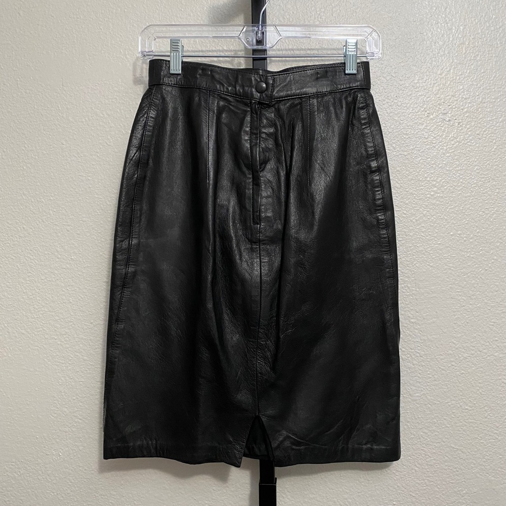 Vtg Women's Genuine Leather Midi Skirt Black Grunge Indie Edgy Goth